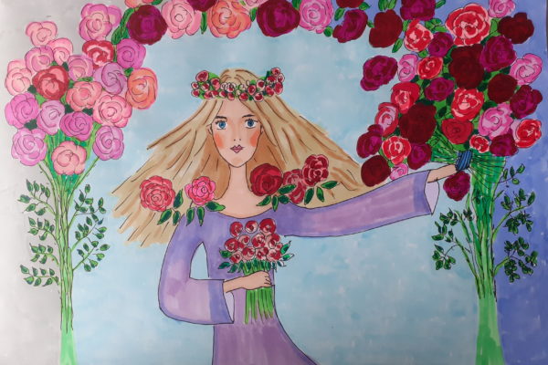 Mädchen mit Rosenkranz unterm Rosenbogen, bunt mit Alkoholmarkern gemalt