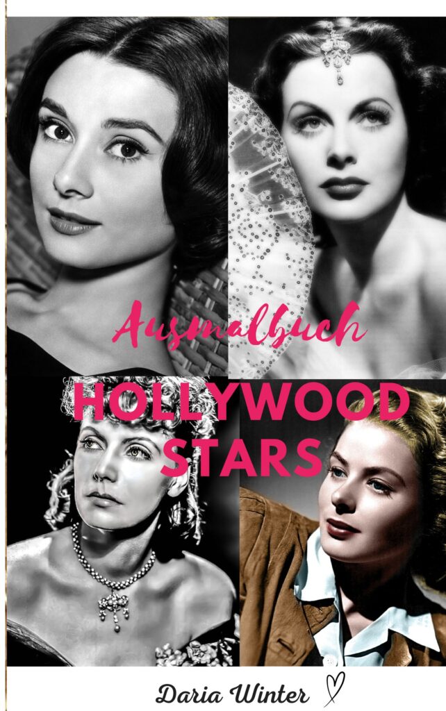 Cover Ausmalbuch Hollywoodstars mit Abbildungen von Audrey Hepburn, Ingrid Bergmann u.a.