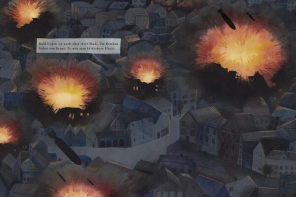 Bild aus „Ayeshas Pinsel“ von Cornelia Funke. Kriegsexplosionen
