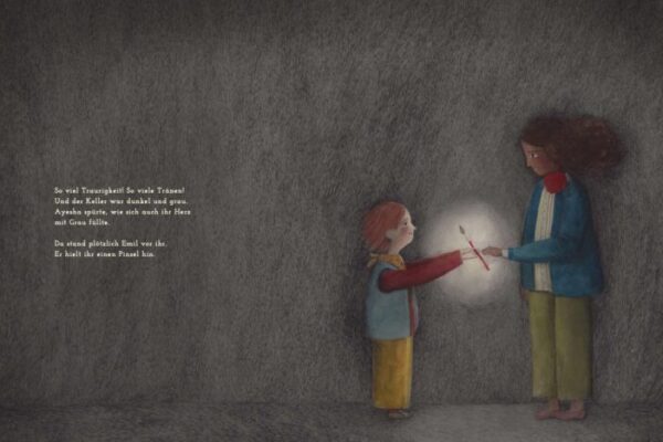 Bild aus „Ayeshas Pinsel“ von Cornelia Funke. Ayesha wird im Krieg ein Pinsel gereicht.