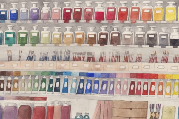 Bild aus „Ayeshas Pinsel“ von Cornelia Funke. Regal mit Farben.