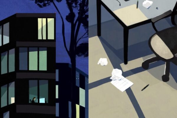 Bild aus „Was, wenn ich mich entziehe?“ vom kunstanstifter Verlag. Abgebildet ist ein Hochhaus mit Büros und ein Schreibtisch.