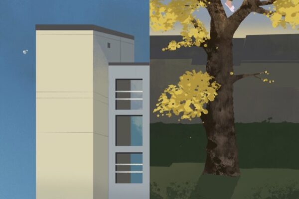 Bild aus „Was, wenn ich mich entziehe?“ vom kunstanstifter Verlag. Hochhaus mit fliegendem Federball und Baum mit gelben Blättern