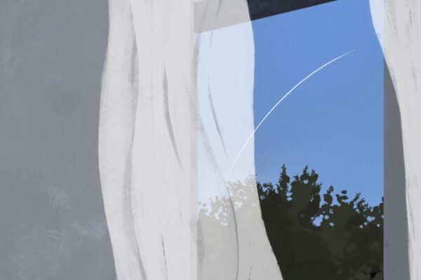 Bild aus „Was, wenn ich mich entziehe?“ vom kunstanstifter Verlag. Blick aus dem Fenster, durch Vorhang in den Himmel. 