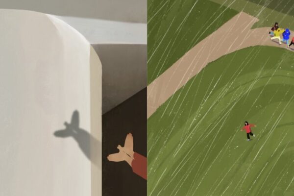 Bild aus „Was, wenn ich mich entziehe?“ vom kunstanstifter Verlag. Hier Hände, die ein Schattenspiel darstellen und spielende Kinder aus der Vogelperspektive