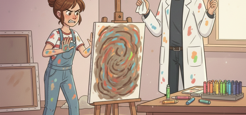 Mädchen vor verschmierter Leinwand. Comic