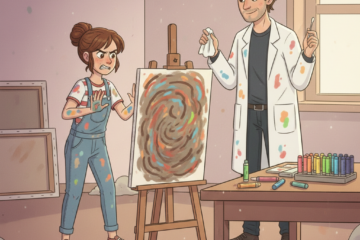 Mädchen vor verschmierter Leinwand. Comic