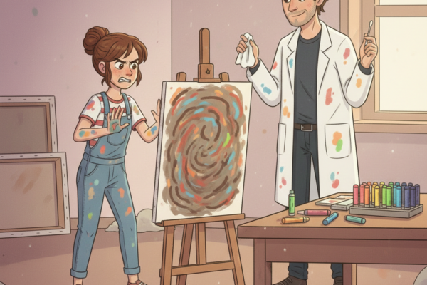 Mädchen vor verschmierter Leinwand. Comic