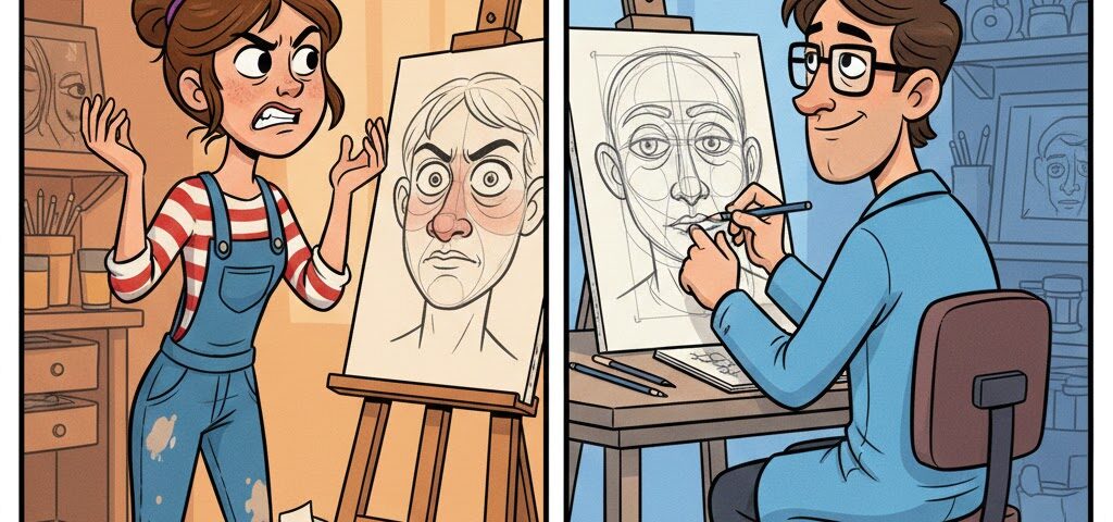 zwei künstler malen portraits, eines wie eine Karikatur, eines genau skizziert