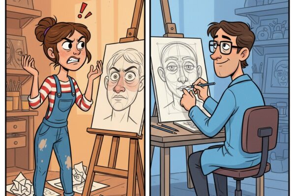 zwei künstler malen portraits, eines wie eine Karikatur, eines genau skizziert