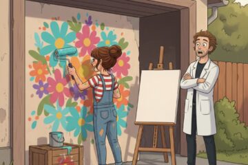 Mädchen bemalt Garage mit bunten Blumen