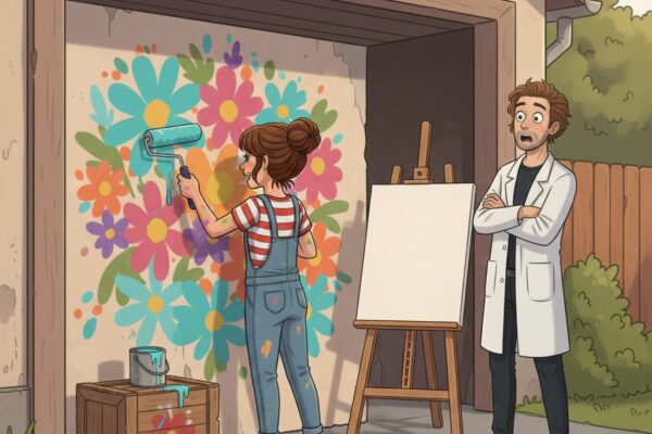 Mädchen bemalt Garage mit bunten Blumen