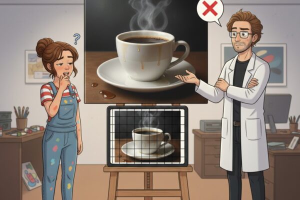 Frau und Mann stehen vor Gemälde, das aussieht wie ein Foto und staunen.