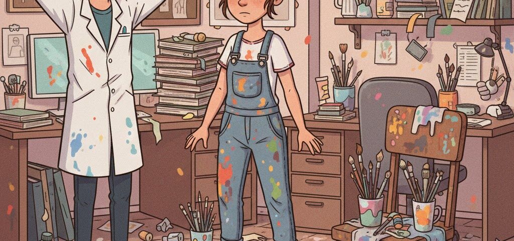 Künstlerin und künstler stehen in einem völlig chaotischen Atelier