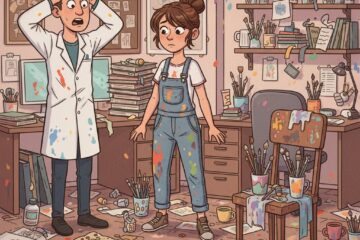 Künstlerin und künstler stehen in einem völlig chaotischen Atelier