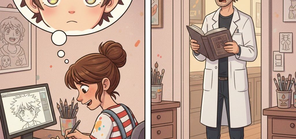Mädchen zeichnet Manga, Künstlerfreund schaut entsetzt
