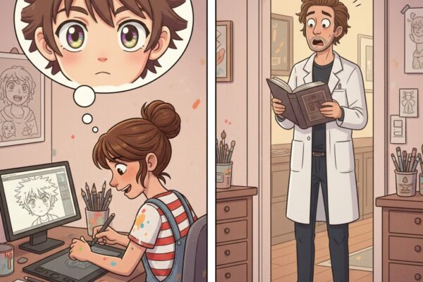 Mädchen zeichnet Manga, Künstlerfreund schaut entsetzt