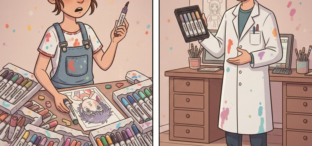 Mädchen zwischen sehr vielen Alkoholmarkersets, Junge mit teuren Copic-Markern, Comicstil