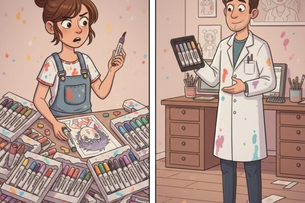 Mädchen zwischen sehr vielen Alkoholmarkersets, Junge mit teuren Copic-Markern, Comicstil