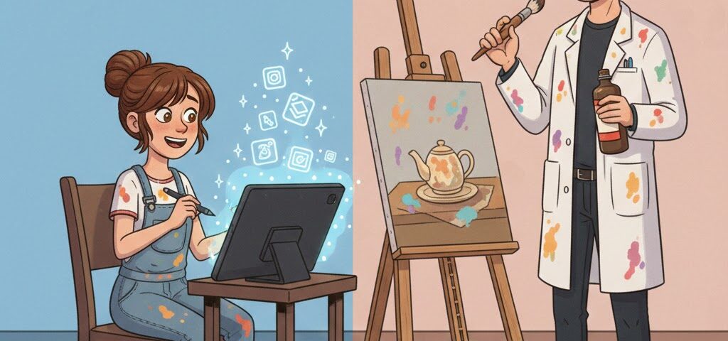 Mädchen malt an Tablet, junger Mann an Leinwand, Comic