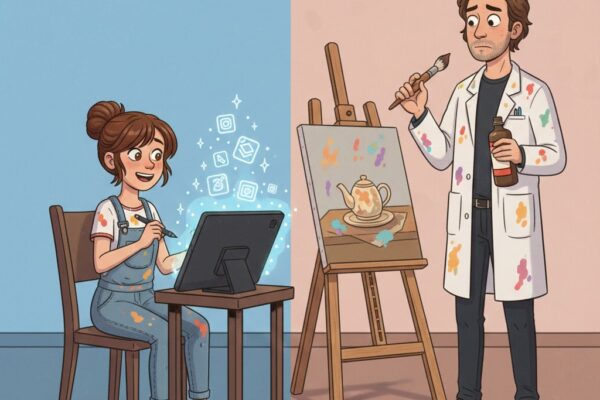 Mädchen malt an Tablet, junger Mann an Leinwand, Comic