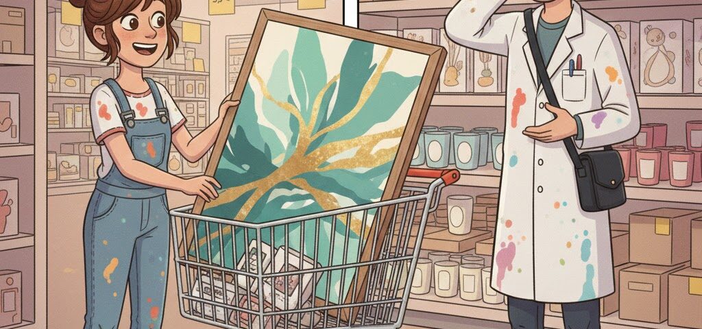 Mädchen mit Einkaufswagen und Kunstdruck darin, Mann hält sich fassungslos den Kopf, Comic