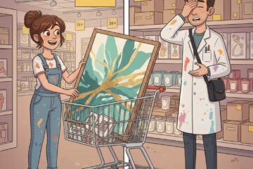 Mädchen mit Einkaufswagen und Kunstdruck darin, Mann hält sich fassungslos den Kopf, Comic