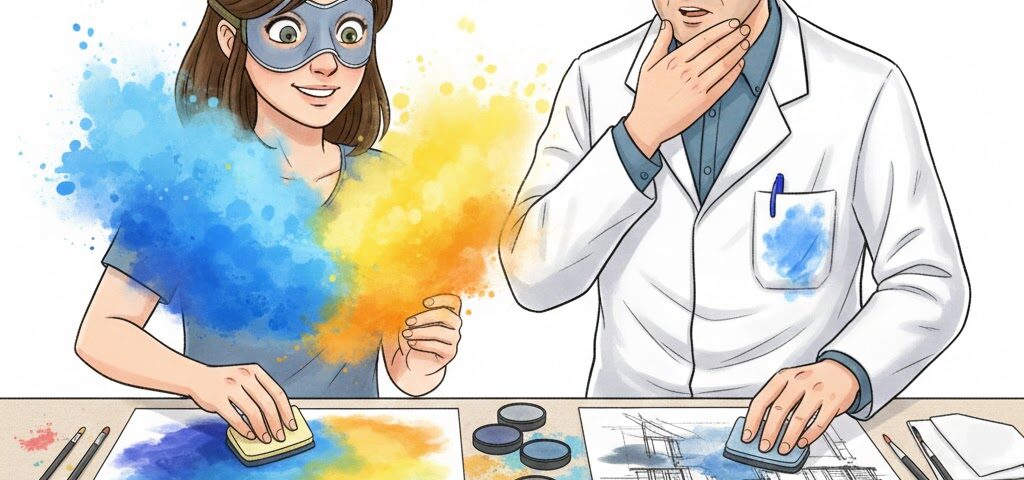 Mädchen steht mit Schutzbrille in einer Staubwolke aus Farbe, Mann staunt. Comic.