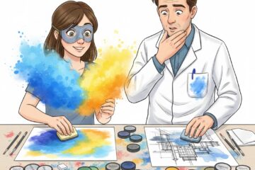 Mädchen steht mit Schutzbrille in einer Staubwolke aus Farbe, Mann staunt. Comic.