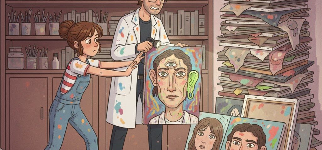 Mann hält ein peinliches Bild in der Hand, Mädchen zieht daran, Comic.