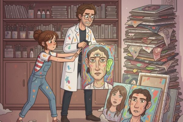 Mann hält ein peinliches Bild in der Hand, Mädchen zieht daran, Comic.