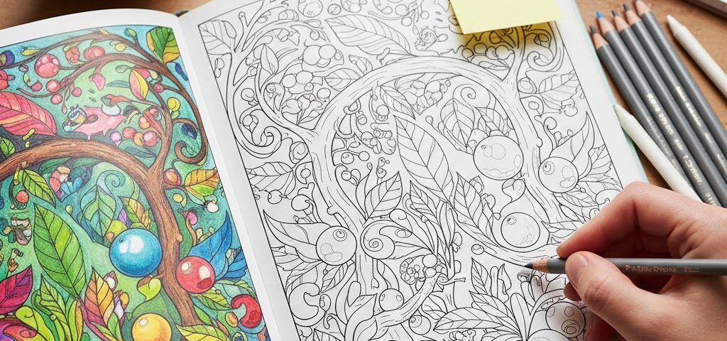 Ausmalbuch, rechts ausgemalt, links noch frei