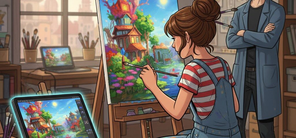 Mädchen malt Bild nach KI-Vorlage vom Tablet ab