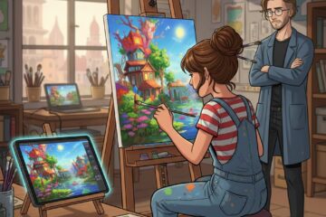 Mädchen malt Bild nach KI-Vorlage vom Tablet ab