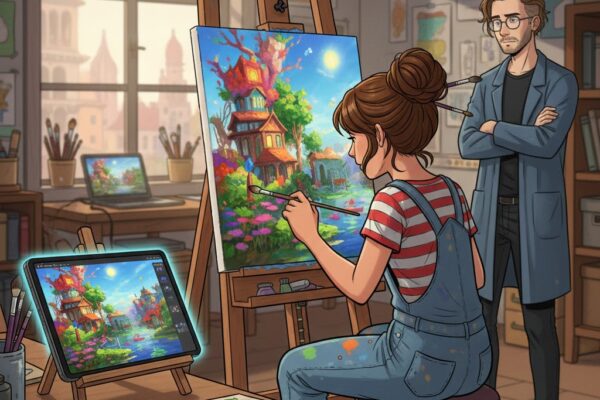 Mädchen malt Bild nach KI-Vorlage vom Tablet ab