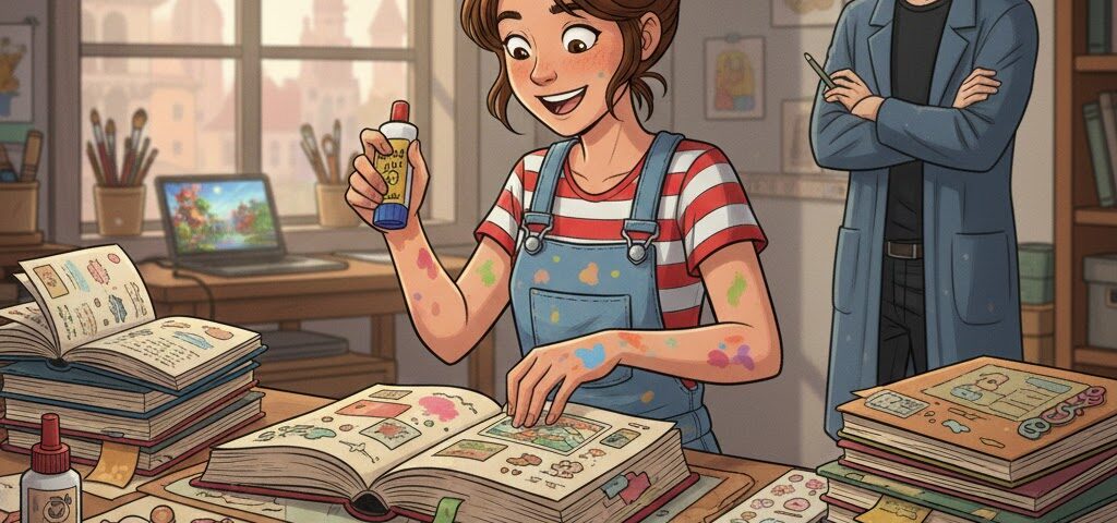 Mädchen bastelt ein Junk Journal am Schreibtisch