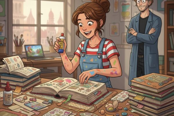 Mädchen bastelt ein Junk Journal am Schreibtisch