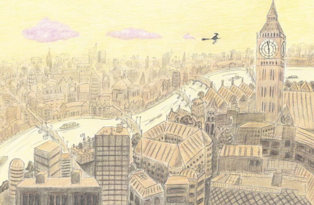 Bildausschnitt Hexe fliegt über die Stadt